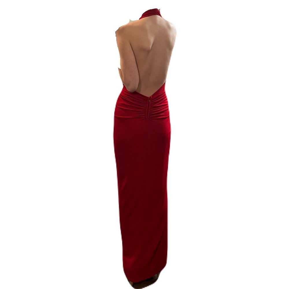 Tadashi Shoji Red Deep V Evening Gown Slit Backless Halter Dress Small - Picture 4 of 6